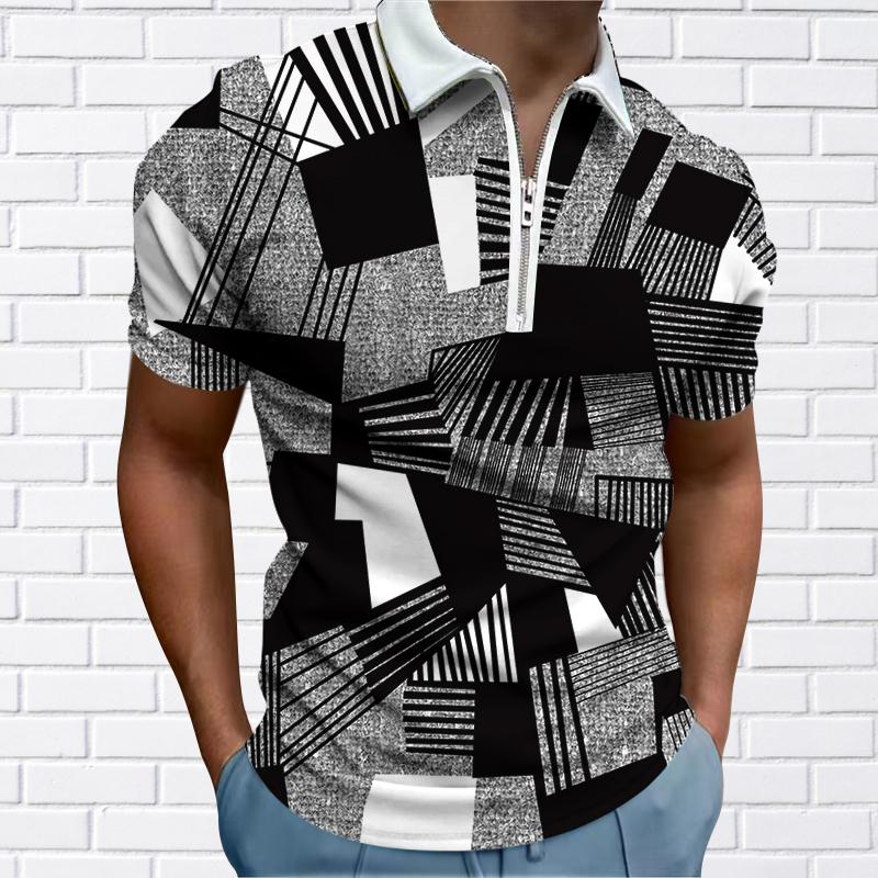 

Мужская рубашка поло повседневная на молнии с коротким рукавом модная повседневная на молнии летняя весна стандартный крой 3D нерегулярный графический принт рубашка S серый