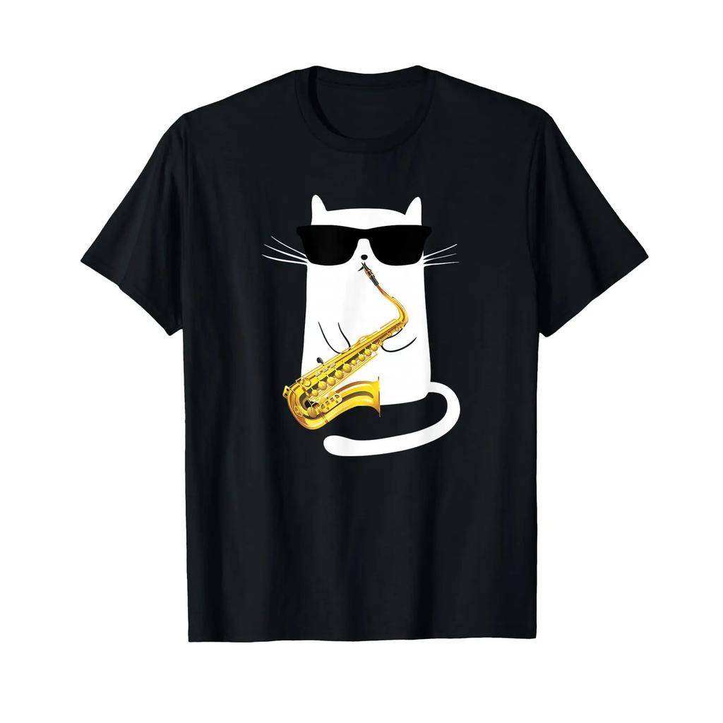 Funny Cat Wearing Sunglasses Saxophone Playing T Shirt Vintage Fashion Comfortable Soft Top For Everyday Wear Streetwear