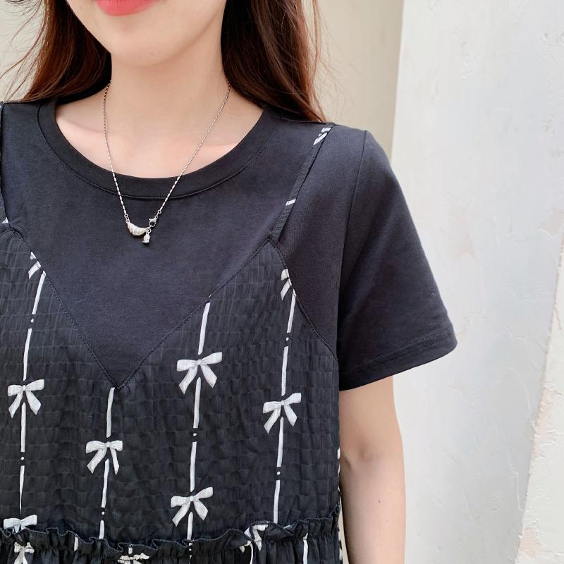 DIMANAF 2025 Summer Plus Size Dress Women Loose Casual Dress Basic Vintage Short Sleeve Bow Printing Long Dress