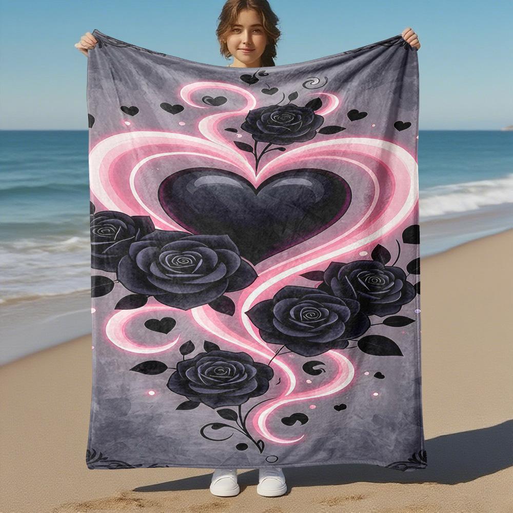 1pc Heart Roses Outdoor Flannel Blanket Soft Warm All-Season Throw for Sofa Bed Car Camping Office, Cozy Gift Idea1275S