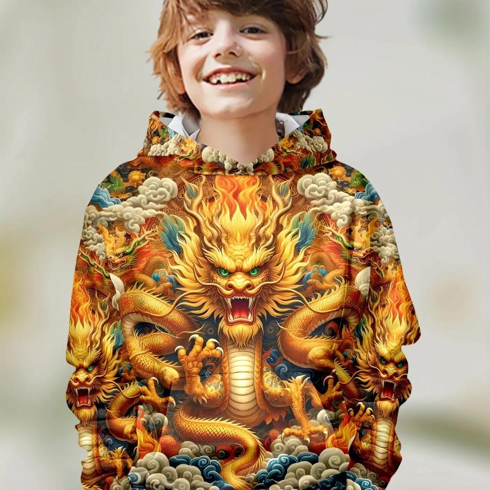 

Children s Animal Dragon Series 3D Digital Printed Boys Hip Hop Personality Hooded Sweatshirt 110 золотой