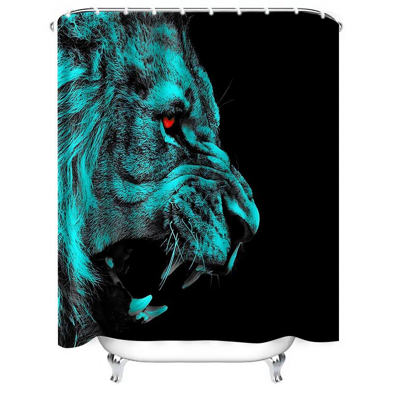 

Stylish Blue Lion Print Waterproof Shower Curtain With Hooks Easy To Clean Install Polyester Fabric Available In Various Sizes W60H190(CM)-1 Pcs