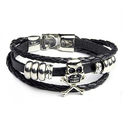 Pulseiras de couro trançado preto para homens, pulseiras de couro de aço inoxidável, pulseiras de caveira legais, pulseira masculina