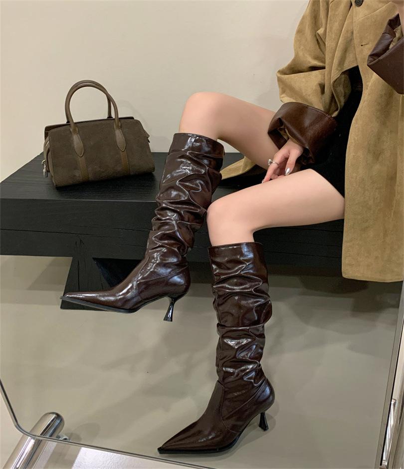 

Гуанчжоу новые остроносые ботильоны на тонком высоком каблуке, ботфорты со сборками, женские полусапоги, рыцарские сапоги, западные короткие сапоги 39 темно-коричневого
