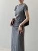 [YUANYUAN] CREAM Dress for Women - Slim Fit, Tight, Long Length, Round Neck, Slimming, Wing Sleeves, Pleated, High Waist, Elegant, Stylish, Fashionabl