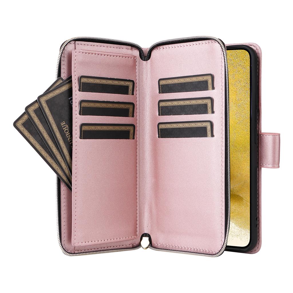 For Samsung Galaxy S22+ 5G Case Rhombus Zipper Pocket Leather Phone Cover with Straps