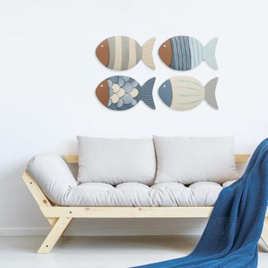 4 Stück Küsten-Holzfisch-Wandkunst Rustikale Nautische Meeresfisch-Skulptur für Wohnzimmer Seehaus Badezimmer Eingangsbereich