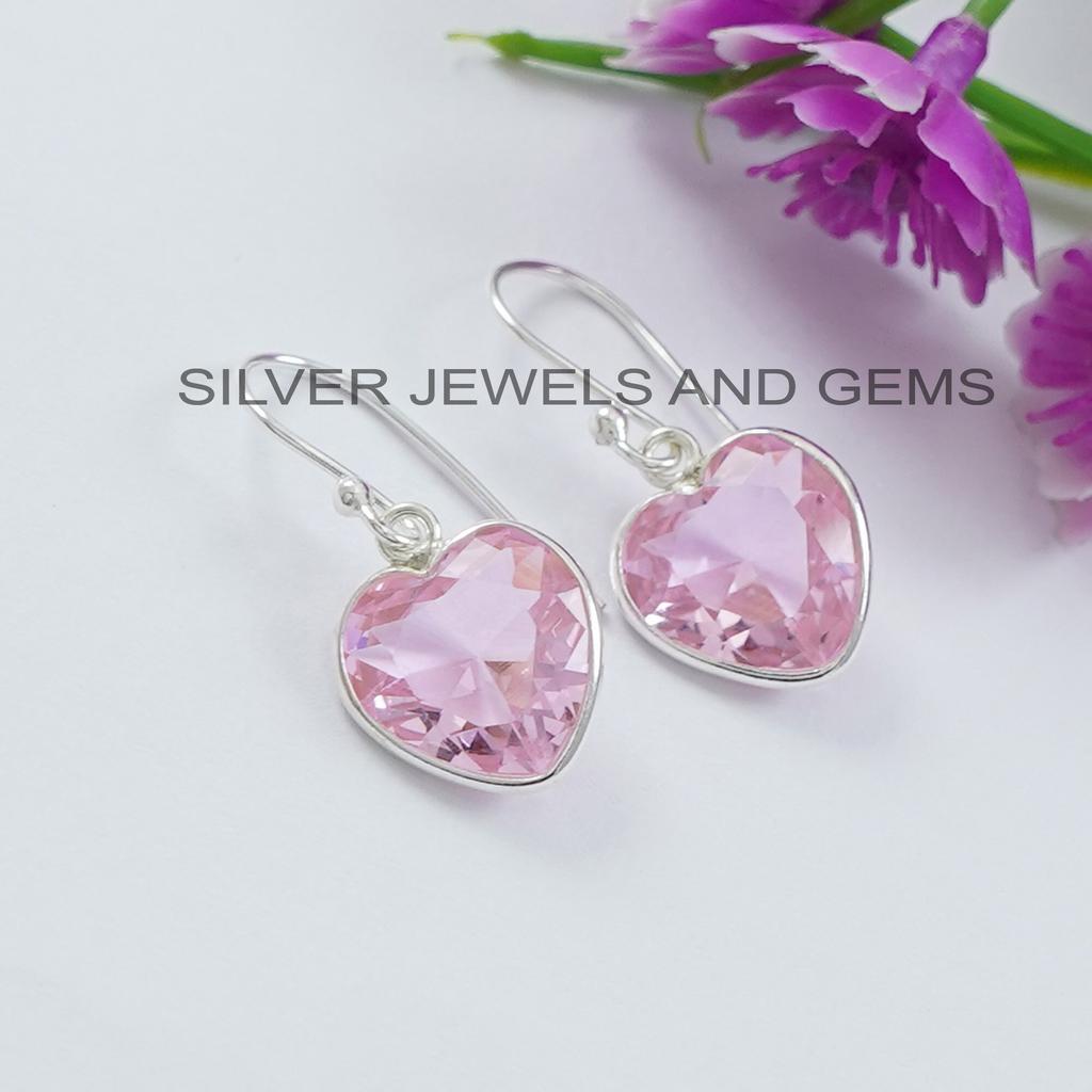 Pink Quartz Earring, 925 Sterling Silver, Heart Shape Earring, Handmade Earrings, Pink Gemstone Earrings, Anniversary Earrings, Gift for Her