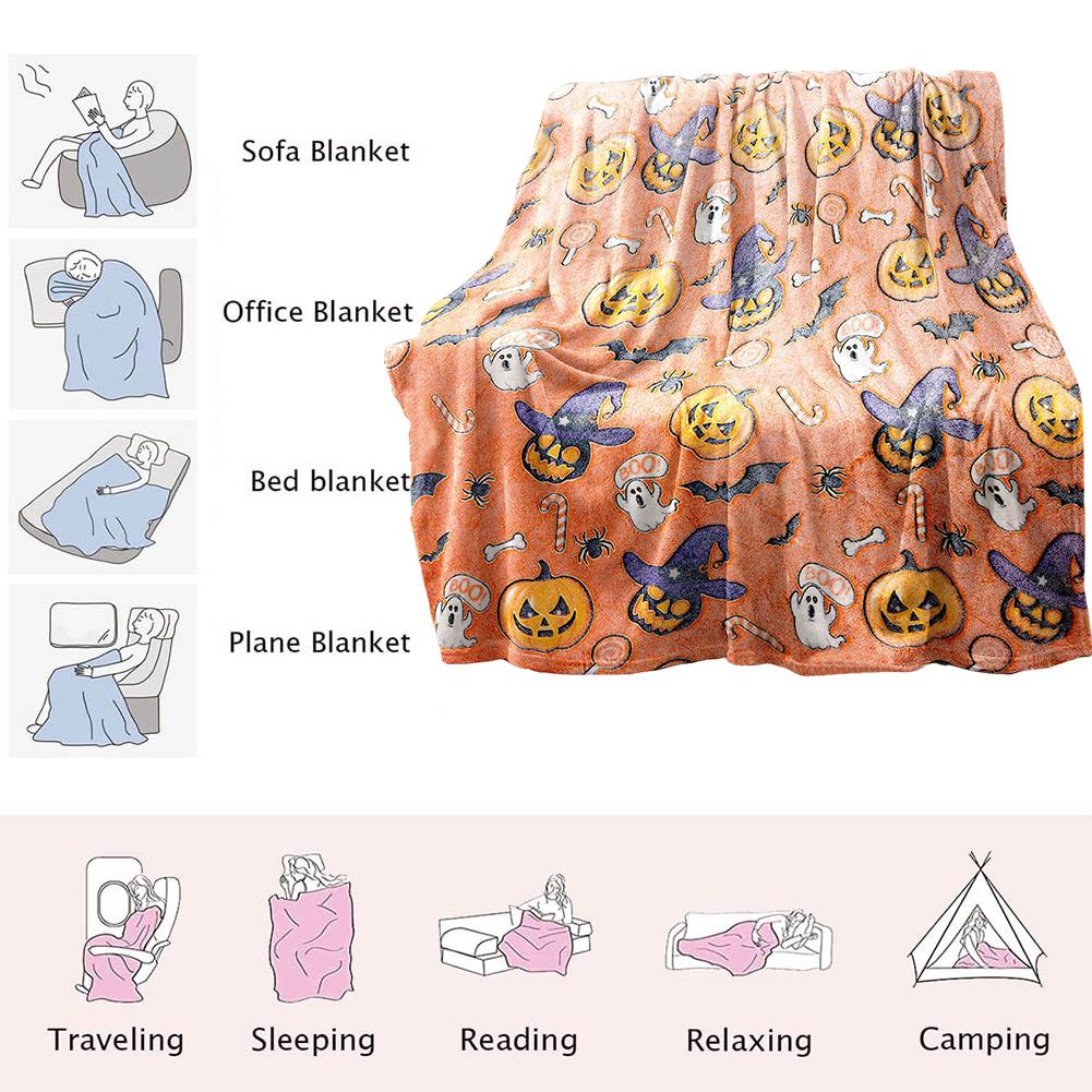 Halloween Fuzzy Plush Blankets Ghost Bat & Pumpkin Pattern 51 × 59 Inch Cartoon Blanket for Home Living Room Couch Bed Chair