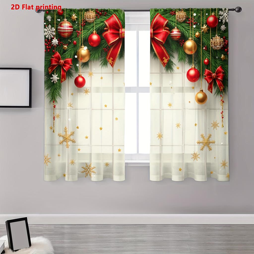 Christmas Pine Bow Curtains 2pcs   Golden Ornament Snowflake 2D Flat Print Rod Pocket for Living Room Bedroom Kitchen Privacy