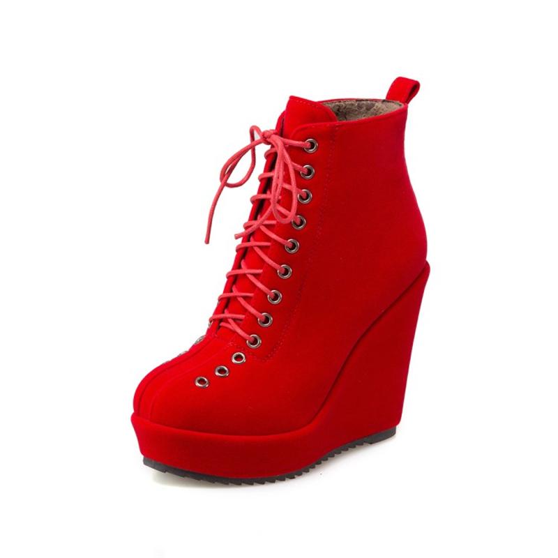 Stivaletti alla caviglia da donna con plateau, scarpe autunnali e invernali, con zeppa, tacchi alti, stringate, stivaletti corti, zeppe in pelle scamosciata nera, scarpe da ballo