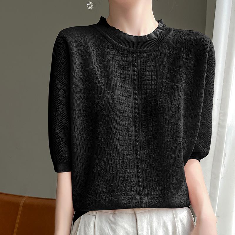 Summer Lace Openwork Knitted Short-sleeved Women's Round Neck Five-sleeve Blouse Loose Pearl Half-sleeve T-shirt