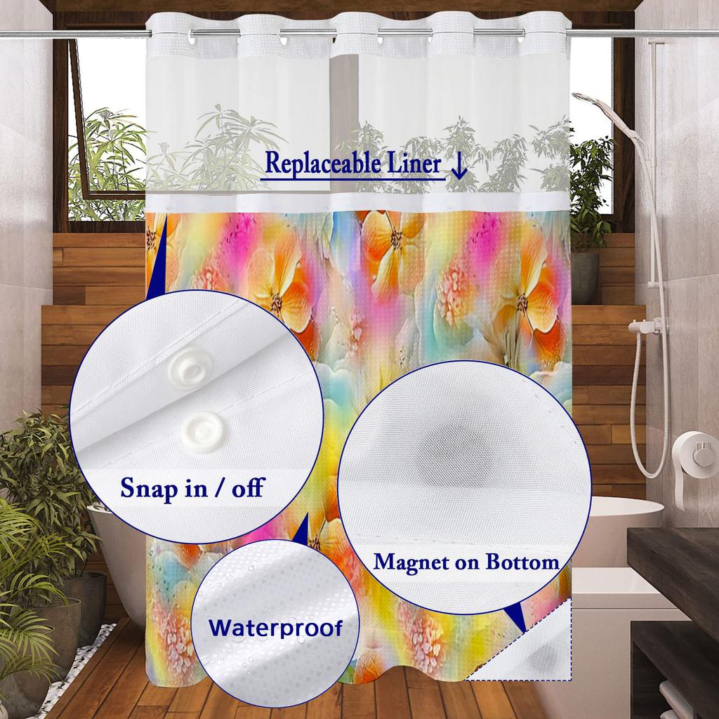 No Hook  Floral Pattern Shower Curtain With Snap-In Fabric Liner, Sheer Top Window, Waterproof Double Layer Bathtub Curtain