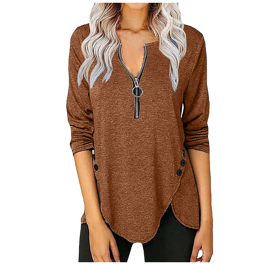 Womens Casual  Zipper Longsleeved Neck Button Tshirt Top