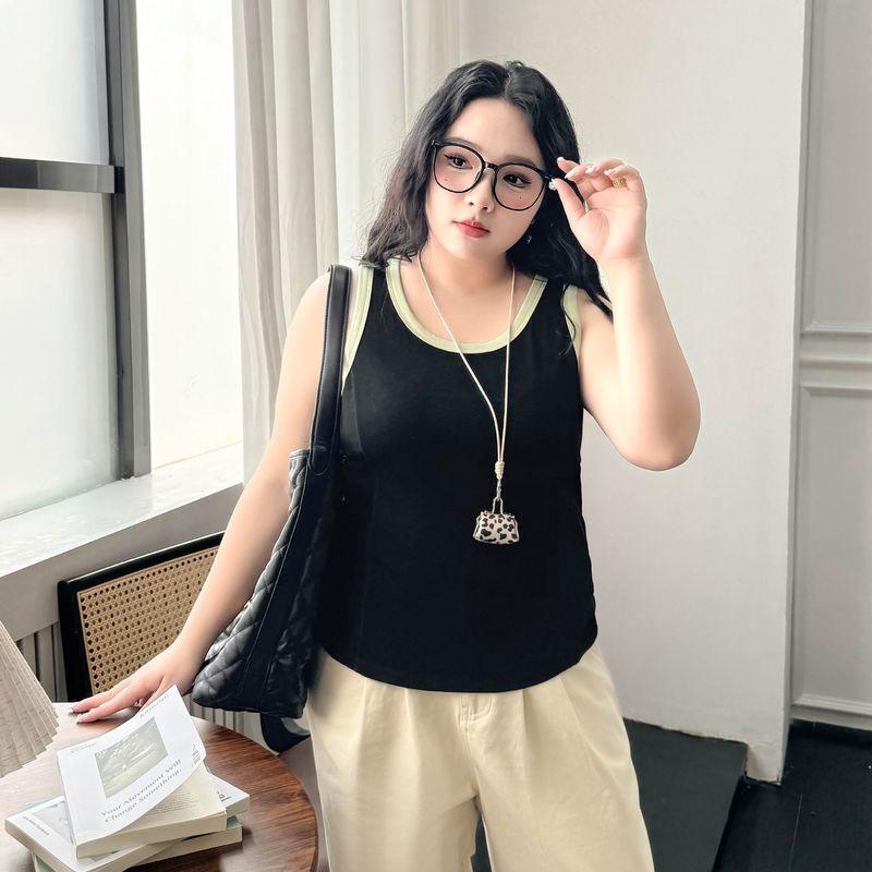 

Plus size women clothing [American Gyaru Vest] Chubby Girl Summer Contrast Color Rib round Neck Patchwork Slimming Sling Top Night sky black spell light green 4XL