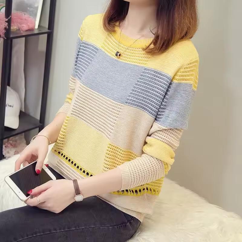 Spring Autumn Sweater Women's Purple Striped Stripes Pullover Thin Knitting Loose Hook Hollow Jumper Casual Top