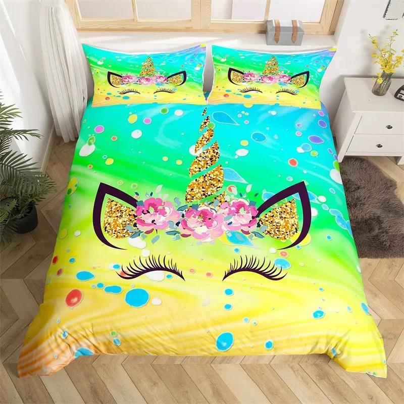 Cartoon Unicorn Duvet Cover Set Smile Eyelash King Bedding Set For Girls Woman Microfiber Mermaid Scale Floral Comforter Cover