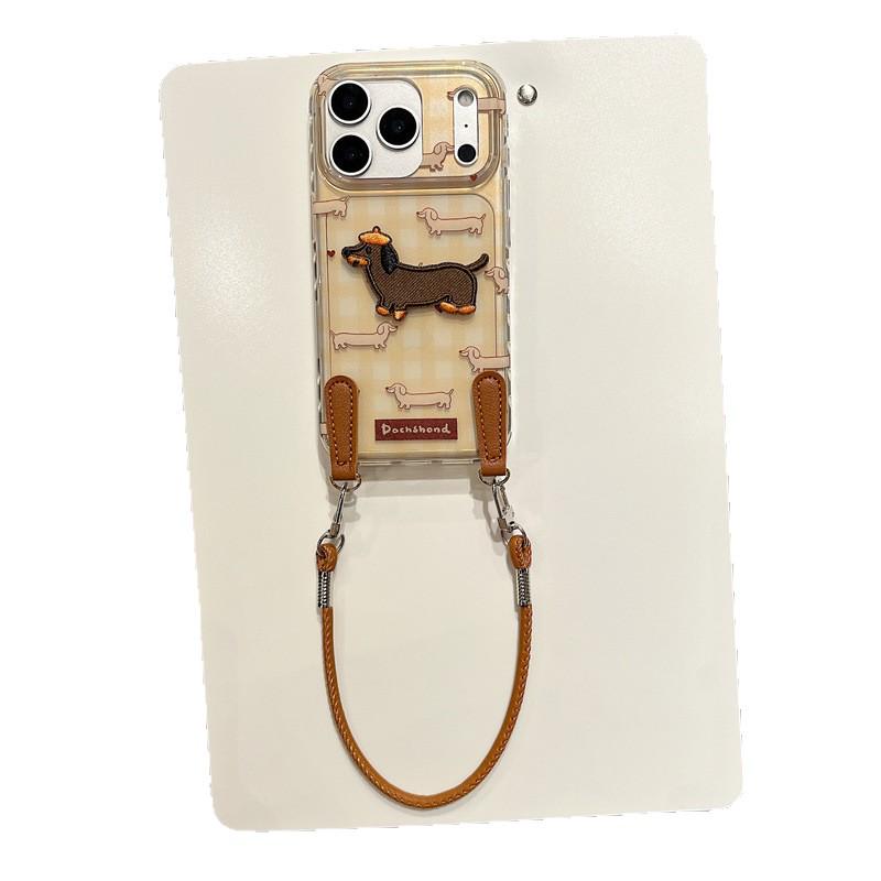 Plaid Embroidered Dachshund Phone Case with Hand Strap for iPhone 17/16 Pro Max/15/14