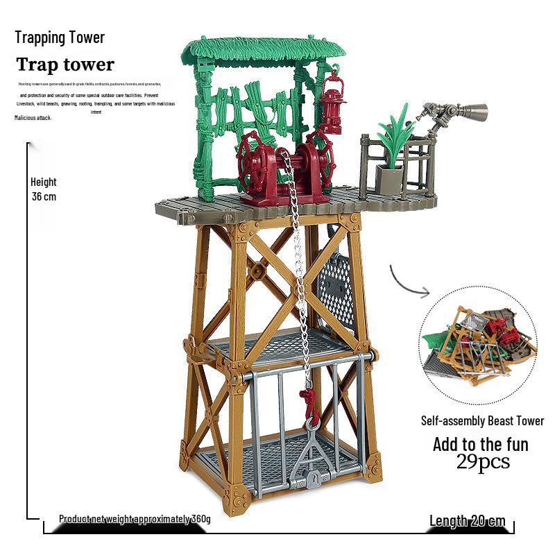 Children s Simulation House and Beast-catching Farm Tower with Wild Animal Figures and Scene Ornaments