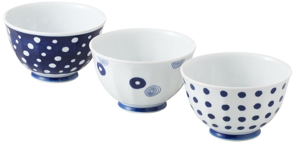 Nishikai Toki Hasami Ware Lightweight Mini Rice Bowl Indigo Circle 13305 Set, Pattern, 13.5cm Diameter,