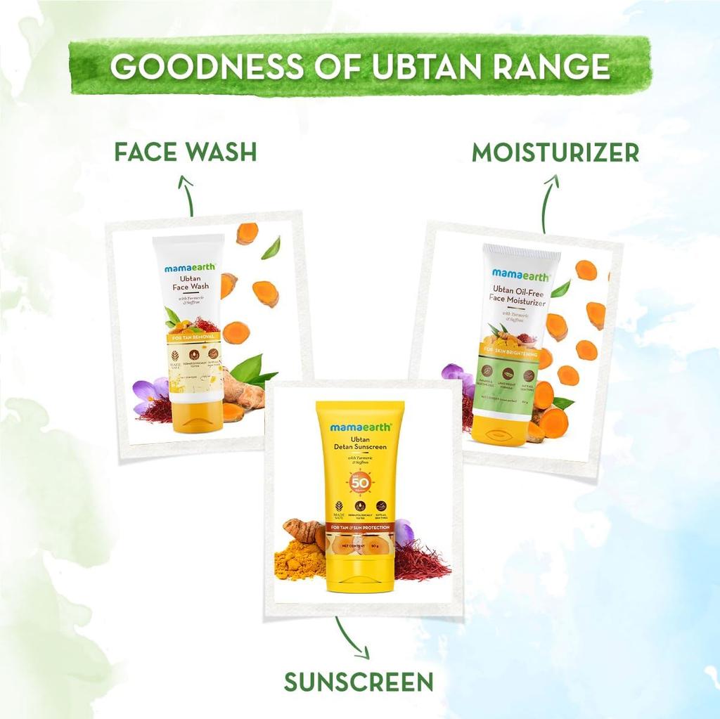 Mamaearth Ubtan Detan Sunscreen SPF 50 PA++++ Non-Greasy Tan Protection for Bright Glowing Skin 50g Lightweight No White Cast