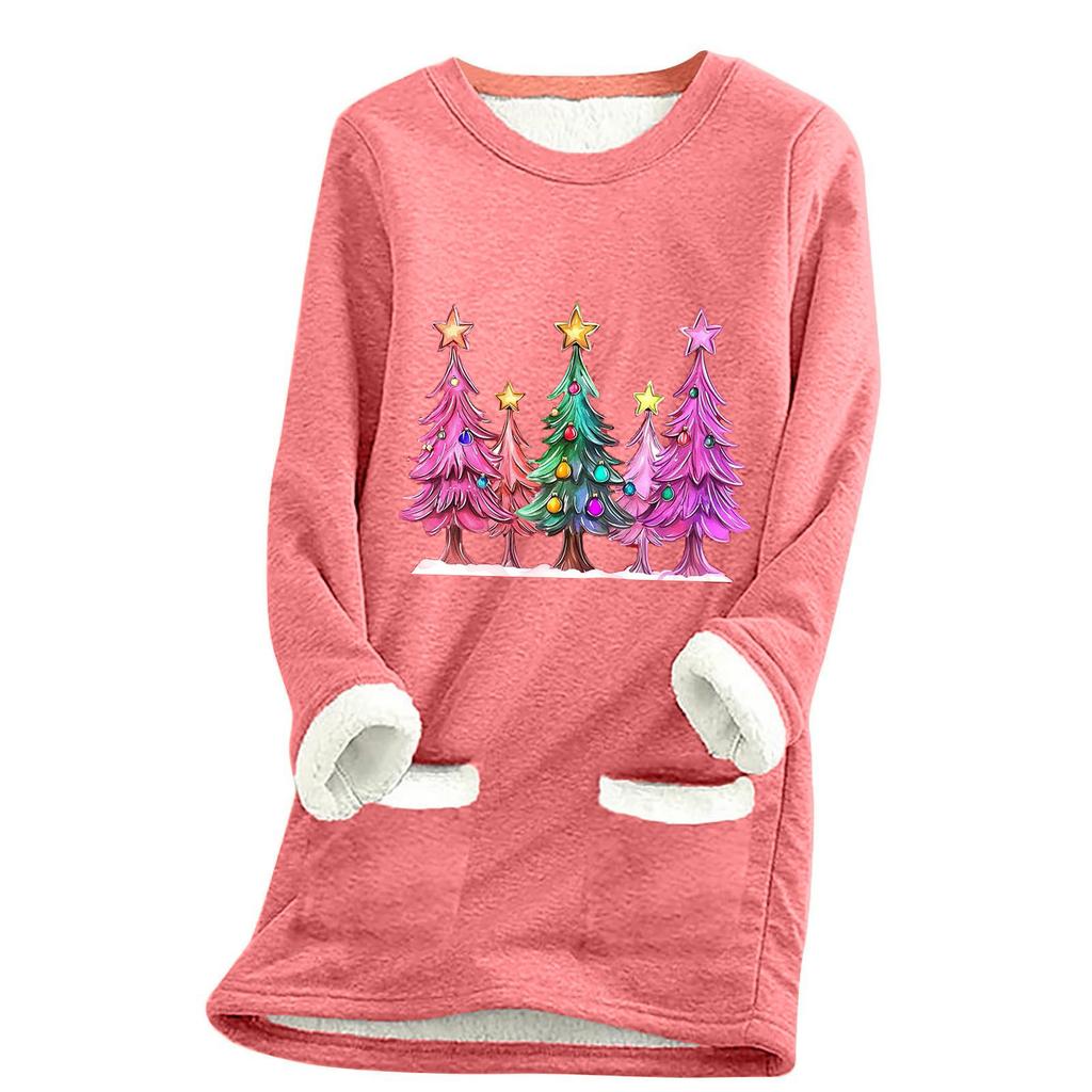 Ladies' Loose And Comfortable Round Neck Christmas Print Thick With Pockets Long Sleeved Top