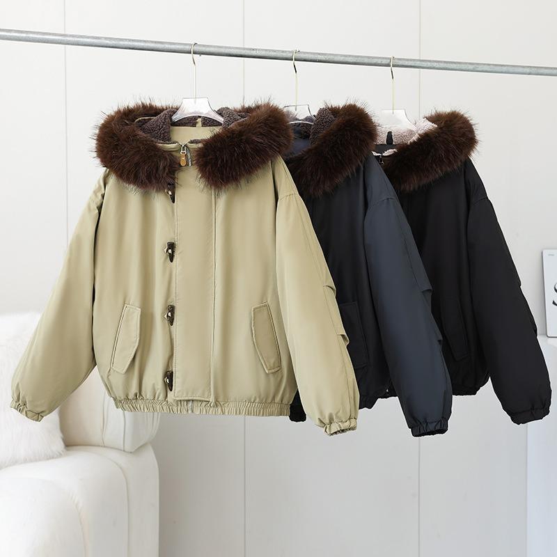 Retro fur collar hooded cotton jacket women's clothing winter new horn buckle thickened warm cotton coat