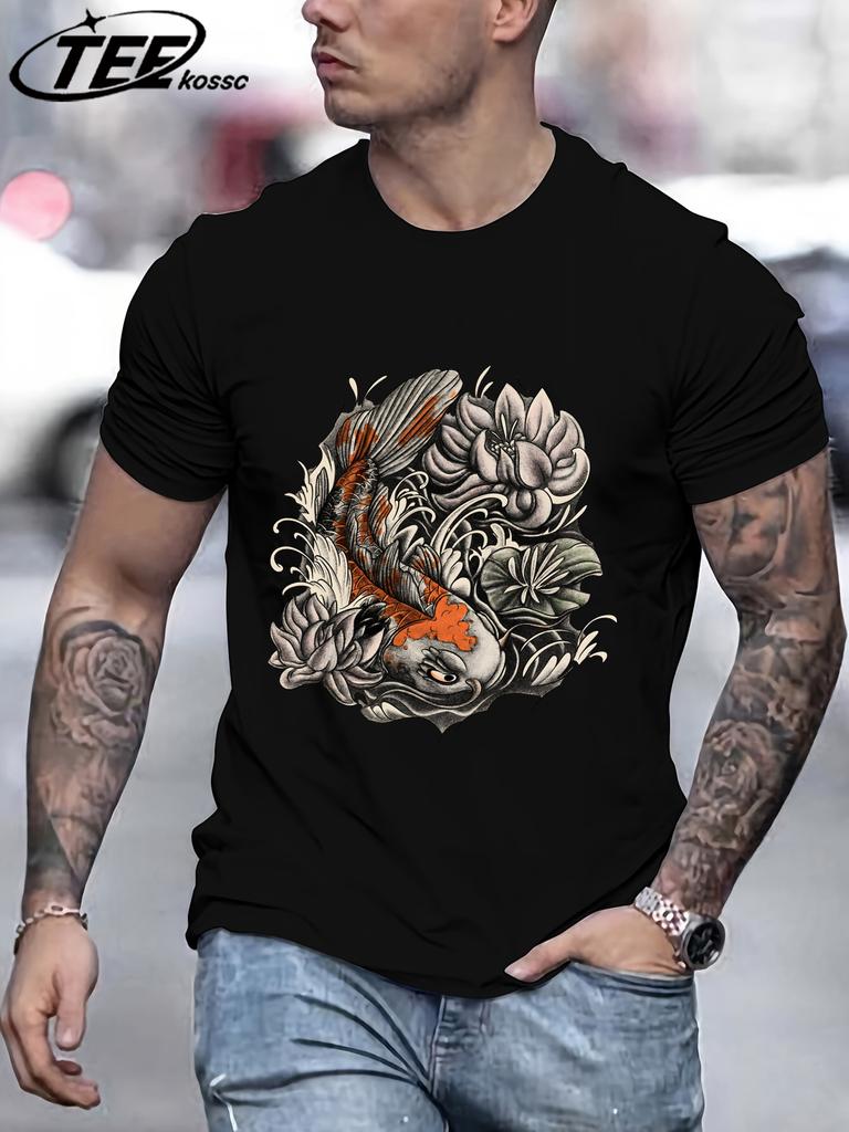 Japanese Harajuku Lotus Koi Print T Shirt Men Fashion AllMatch Streetwear Crewneck Cotton Clothing Unisex Summer Loose TShirts