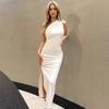 Women European Style One Shoulder Solid Color Slit Sleeveless High Waist Slim Sexy Long Dress