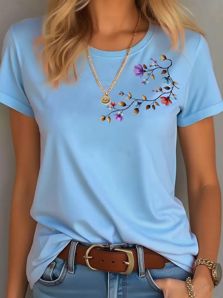 2026 Colorful Floral Round Neck Short Sleeve Casual Pure Cotton T-shirt
