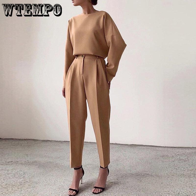 Kobiety eleganckie solidne zestawy 2-częściowe Casual O-Neck pulowerowe topy długie spodnie garnitur moda damska luźne stroje Streetwear