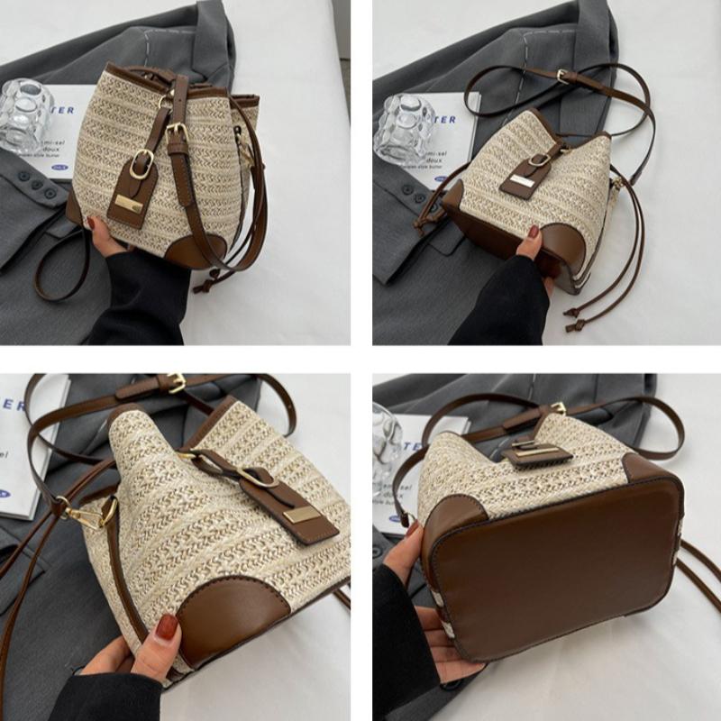 Vintage Straw Woven Drawstring Women Large Capacity Bucket Bag with Faux Leather Accents Small Crossbody Purse for Summer Beach