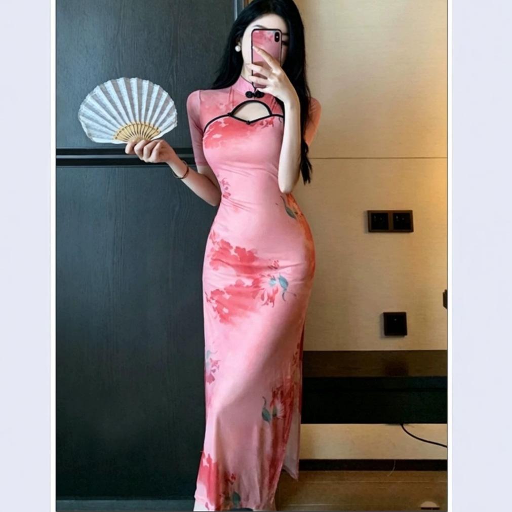 Sexy Pure Desire Style Improved Version of Cheongsam Printing Hollow Button Dress High-end Women's Summer Waist Slit Dress
