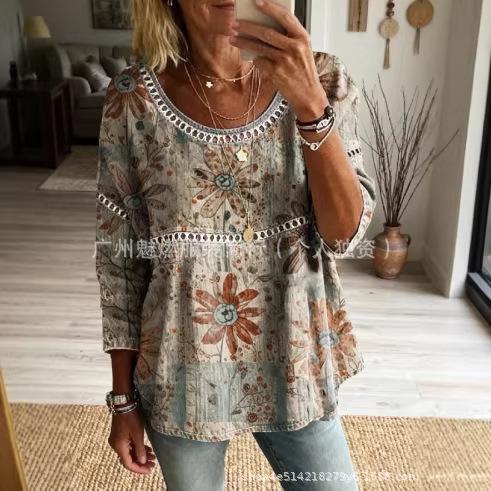 Women's Three-Quarter Sleeve Top Round Neck Bohemian Paisley Print Shirt Hollow Out Patchwork Loose Fit Vintage Casual Spring Daily Wear