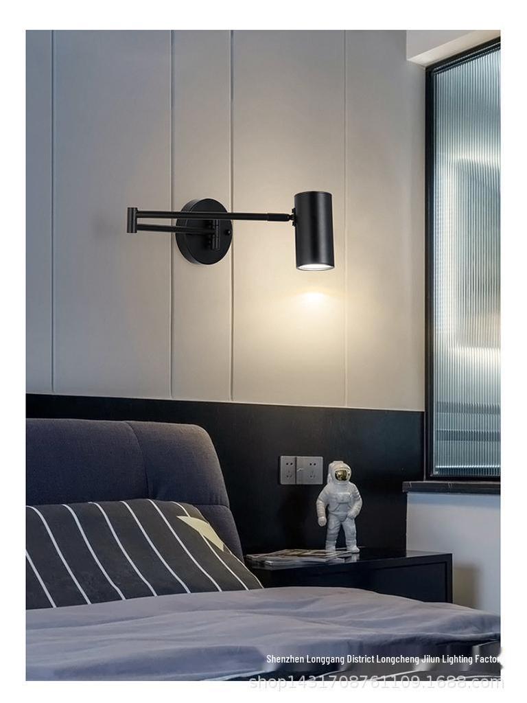 Nordic Luxury Swing Arm Bedside Wall Lamp with Folding Retractable Reading Light and Switch