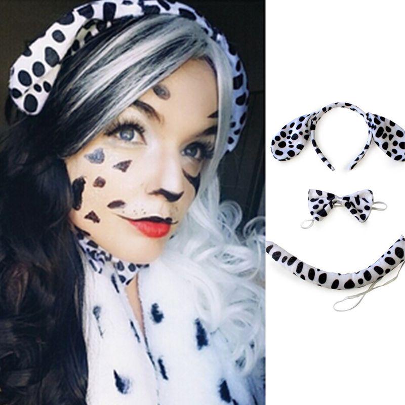 Adult Kids Plush Cartoon Boy Dalmatian Animal Dog Headband Ear Bow Tail Gift Birthday Party Cosplay Costume Halloween Christmas