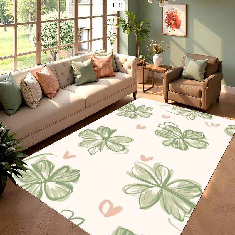 Green Clover Pink Hearts Soft Modern Living Room Area Rug Non Slip Carpet for Home Decor Natural Pattern Fluffy Floor Mat