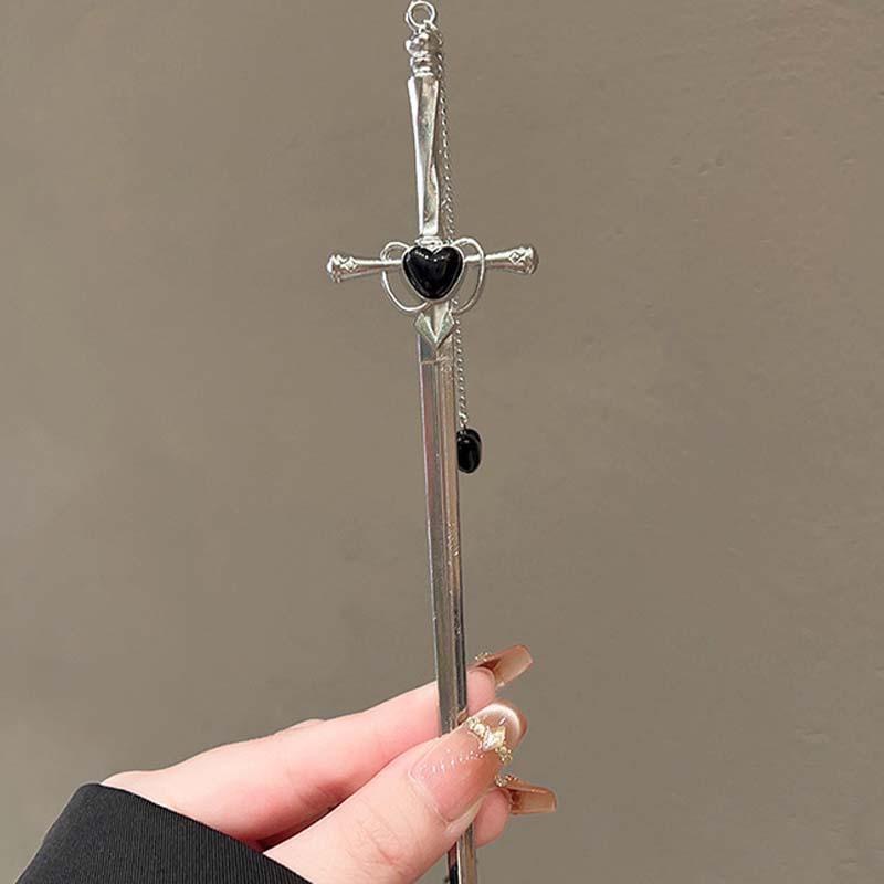 2025 New Chinese Style Sword Hairpin for Women Punk Silver Color Metal Heart Cross Tassel Hair Sticks Hair Accessories Headdress