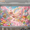 One Dreamy Candy World Backdrop Featuring a Rainbow Candy Bridge and Cupcake Theme with Bright and Rich Colors.