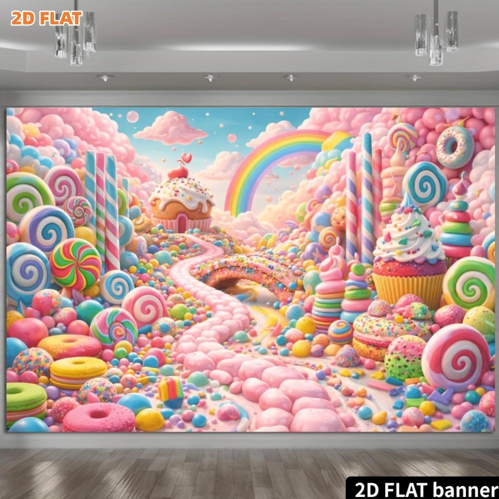 One dreamy candy world backdrop, featuring a rainbow candy bridge and cupcake theme, with bright and rich colors.