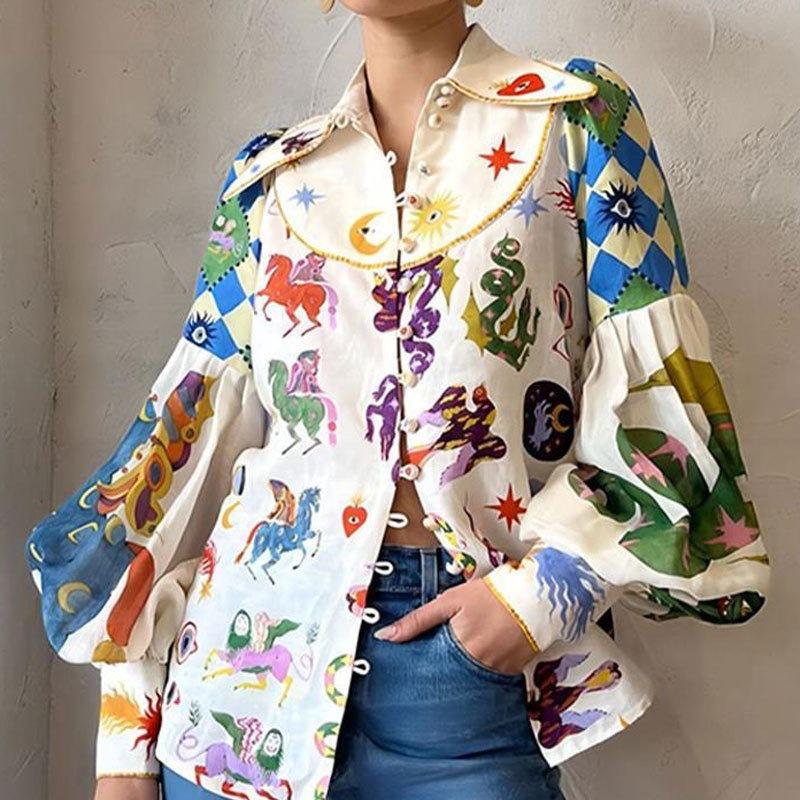 Spring new women s clothing, European beautiful women s shirt, lantern sleeve lapel printed shirt top women S
