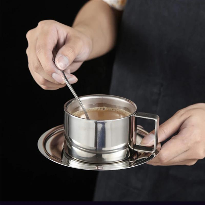 3Pcs/Set 304 Stainless Steel Insulated Coffee Cup Double Wall Tea Milk Mug with Saucer Spoon Cafe Restaurant Hotel Tableware