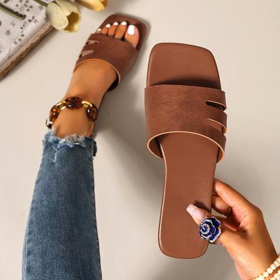 2026 New Summer Women's Solid Color Slide Sandals, Lightweight Square Open Toe Slip On Shoes Women's Casual Flat Shoes