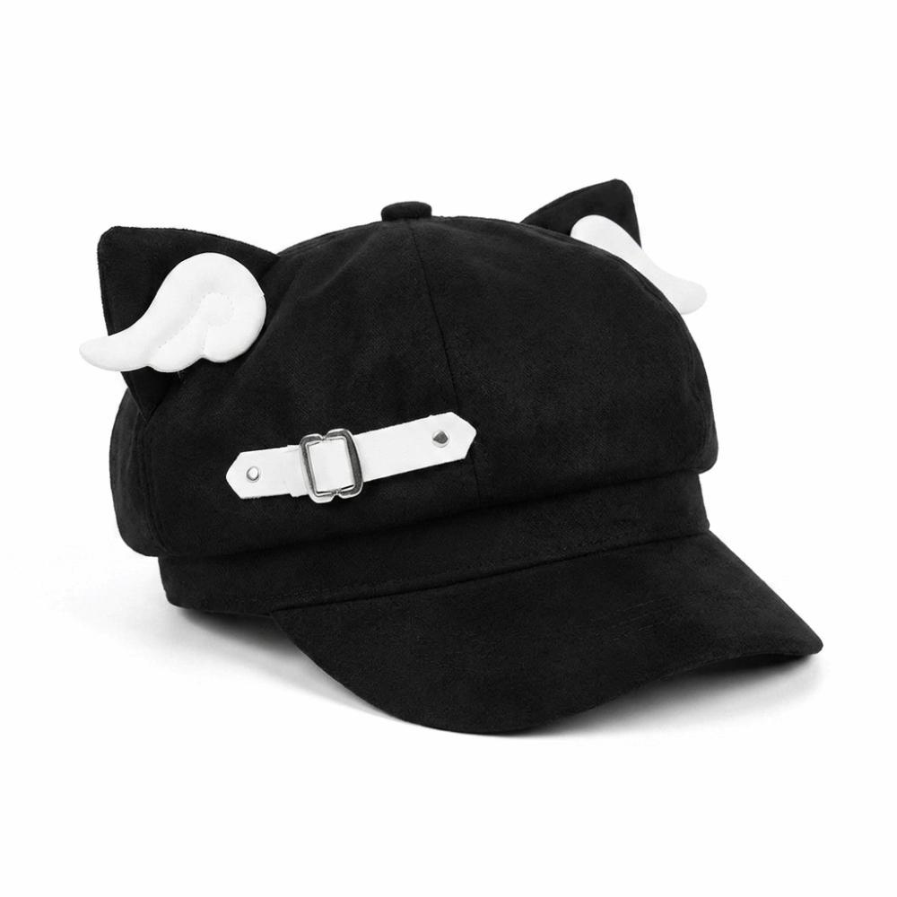 Leather Buckle Newsboy Cap Mini Wing Decor Streetwear Hat Harajuku Cat Ear Beret Hat  Daily