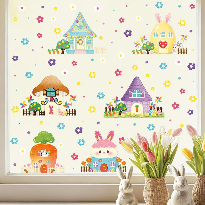 Easter Bunny House Wall Sticker, Kids Room Decor, Flower Window Decal, Self-Adhesive Home Decoration