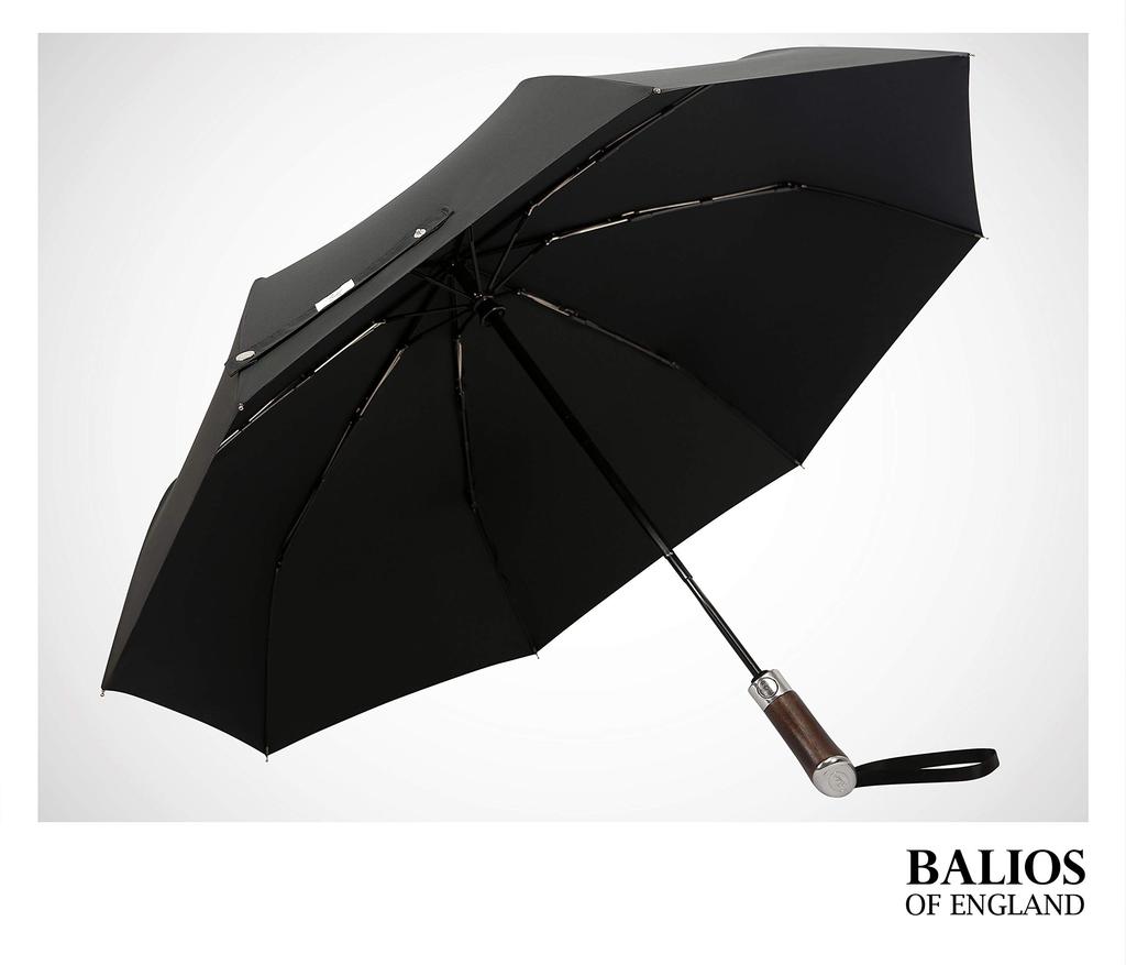 Balios Travel Umbrella with Luxurious Golden Rosewood Auto Windproof Single Automatic Folding Umbrella for Men and Women Jet Black Handle, Open/Close,