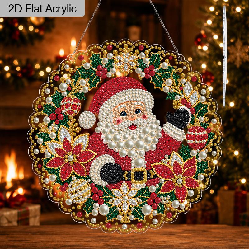 Christmas Acrylic Santa Wreath Pearl Painting Suncatcher,9.72/7.76In,DIY Ornament,Xmas Window Tree Wall Decor & Craft Gift