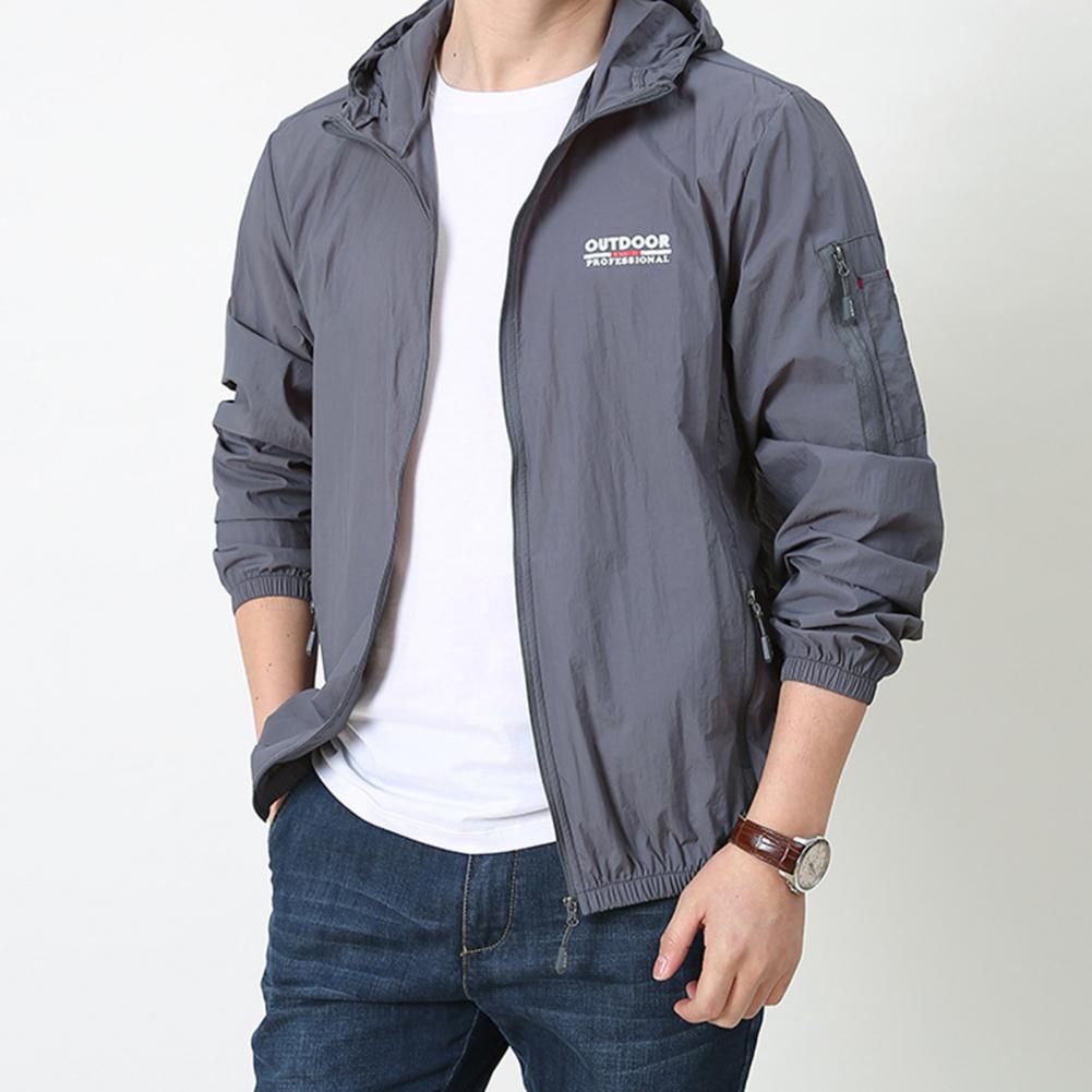 Men Summer Sun Coat Hooded Drawstring Long Sleeve Anti UV Jacket Letter Print Zipper Placket Windbreaker