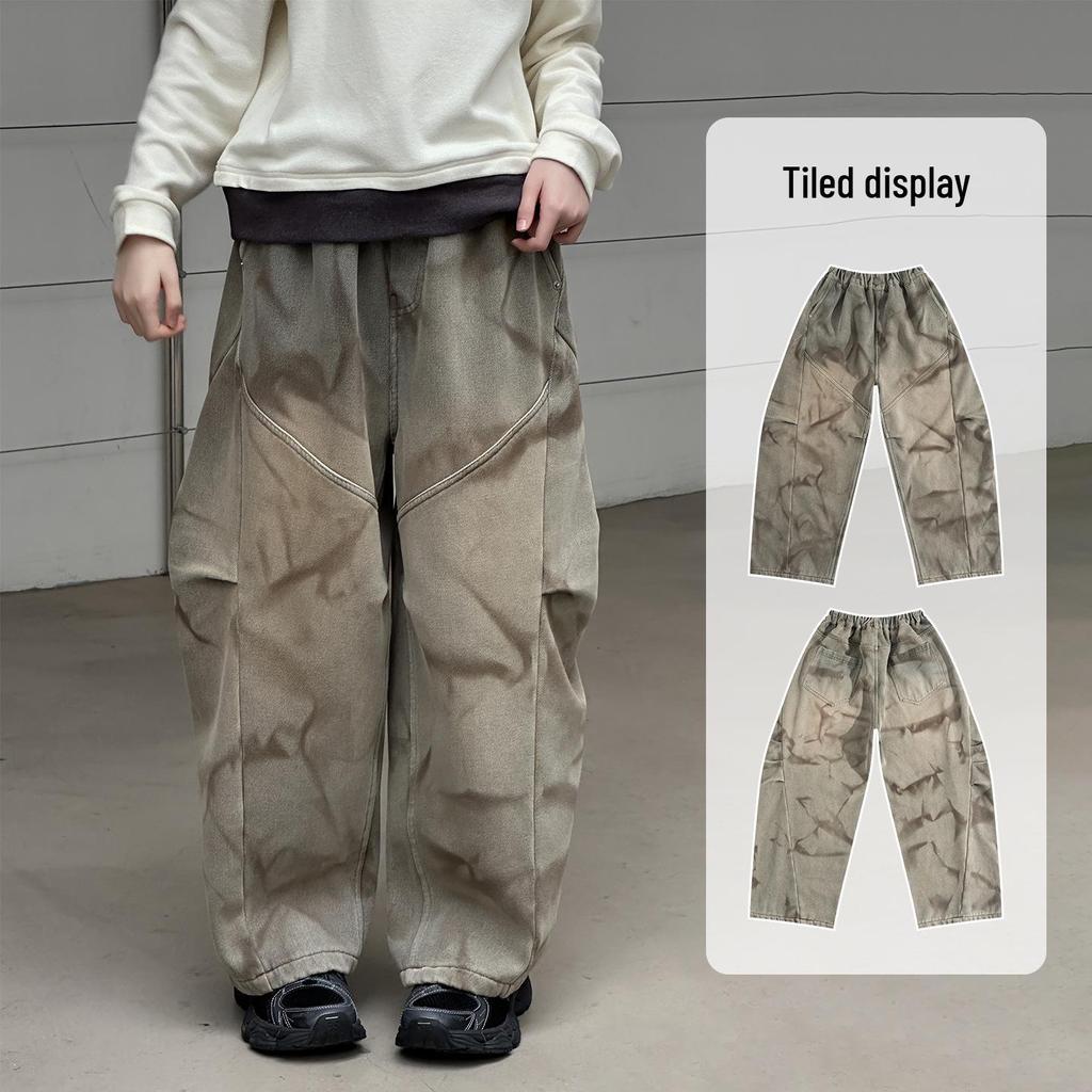 Retro Yellow Mud-Dye Fleece Lined Wide Leg Distressed Jeans for Girls