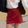 Qooth Red PU Leather Bodycon Mini Skirt Sexy High Waist Faux Leather Skirt Bold & Fashionable QT2820
